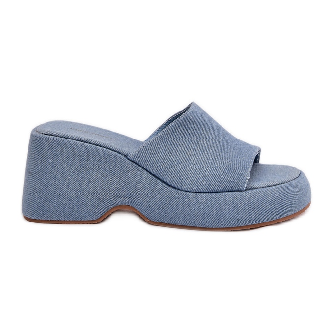 Material women's flip flops on the platform and denim wedges blue