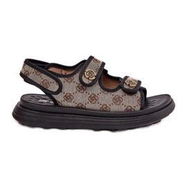 Women's patterned material sandals with golden details beige-black