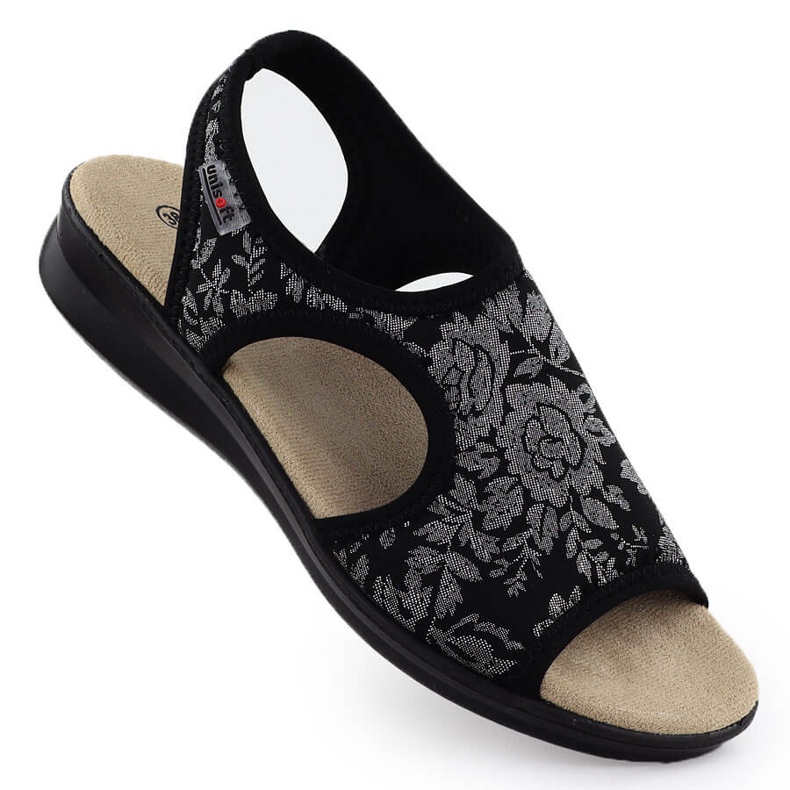Women's sandals on a rash flexible with flowers black unisoft 7196