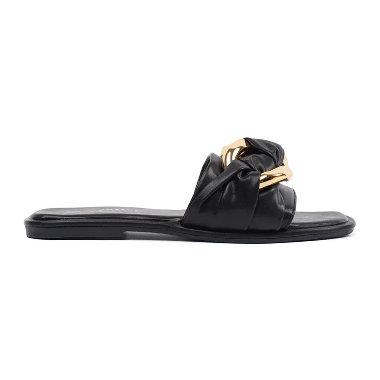 Flat black women's flip flops with a golden decoration