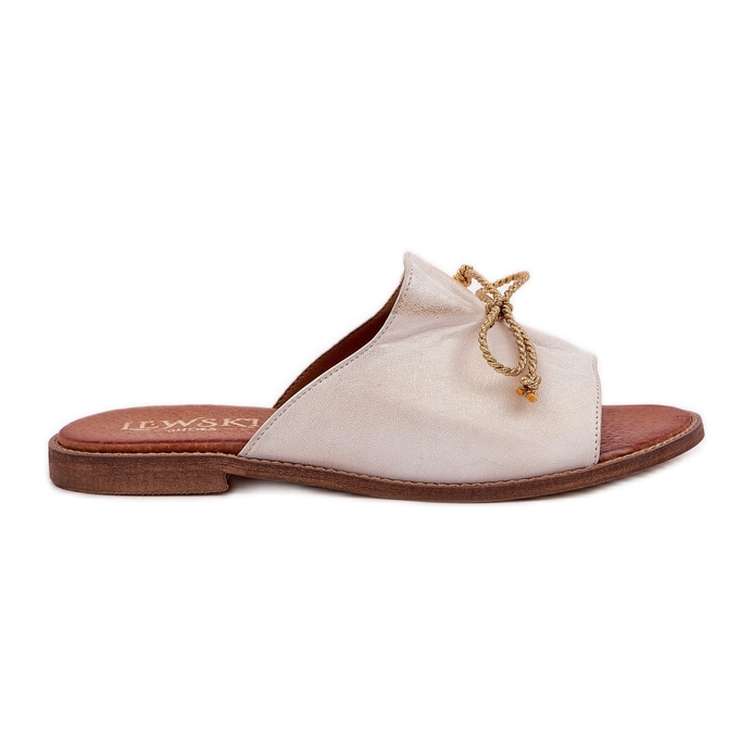Leather flat elegant flip flops with a bow Lewski 3572 zloty wiped golden