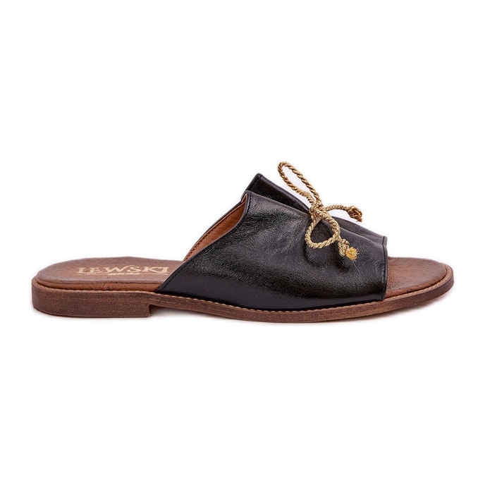 Leather flat elegant flip flops with a bow Lewski 3572 black