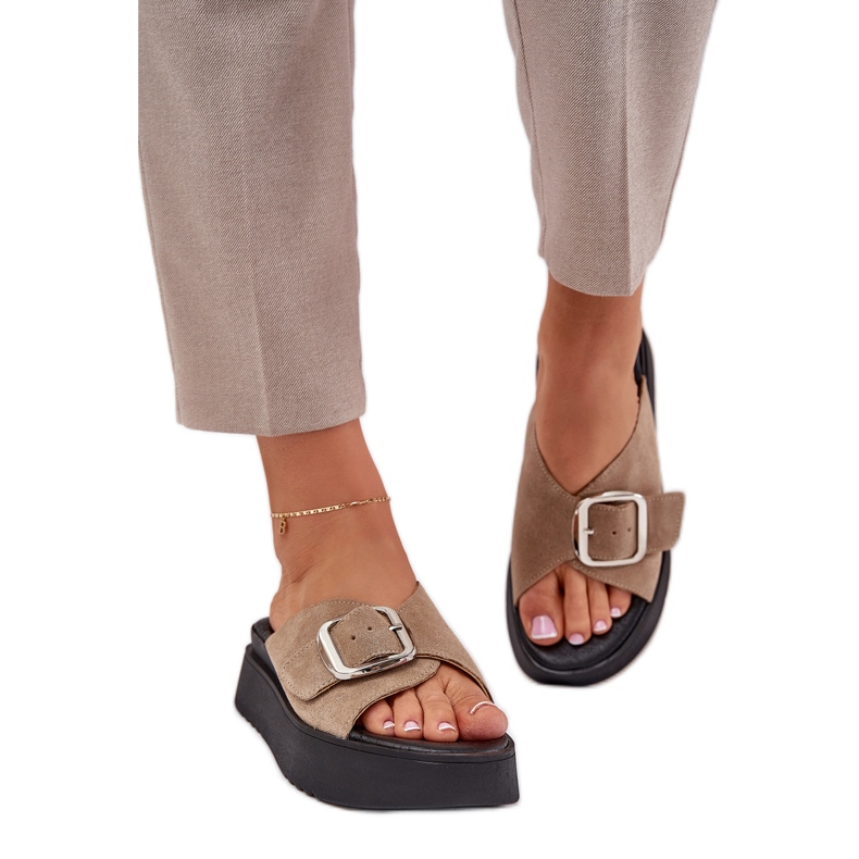 Women's suede flip flops with a buckle on the Zazoo 3019 beige platform
