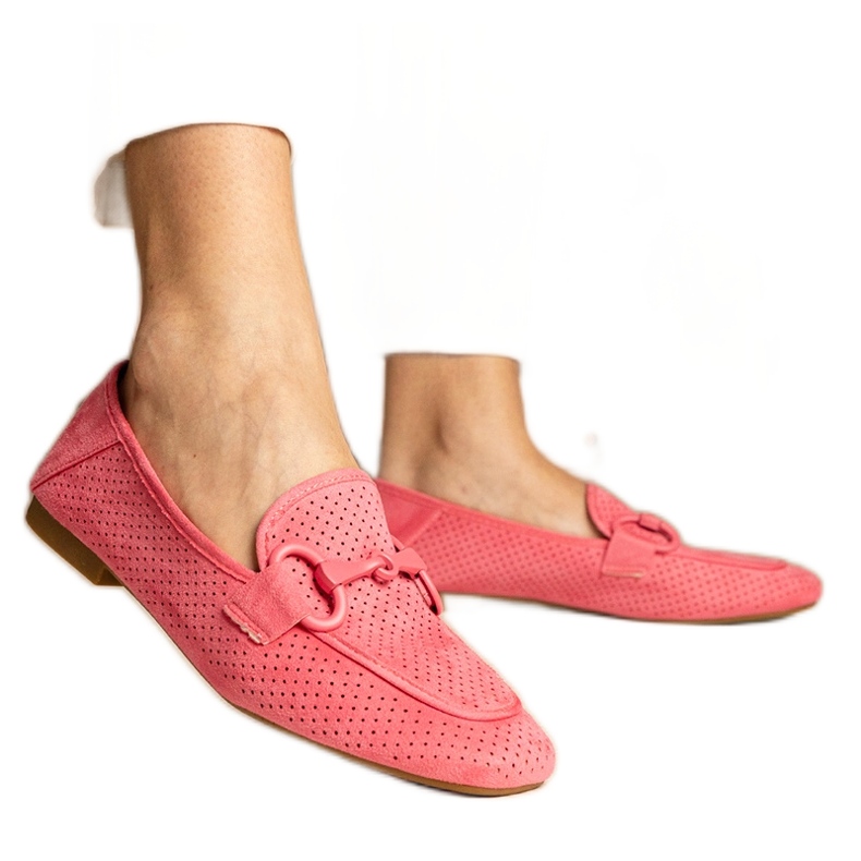 Pink women's openwork loafers with an ornament Pink women's openwork loafers with an ornament