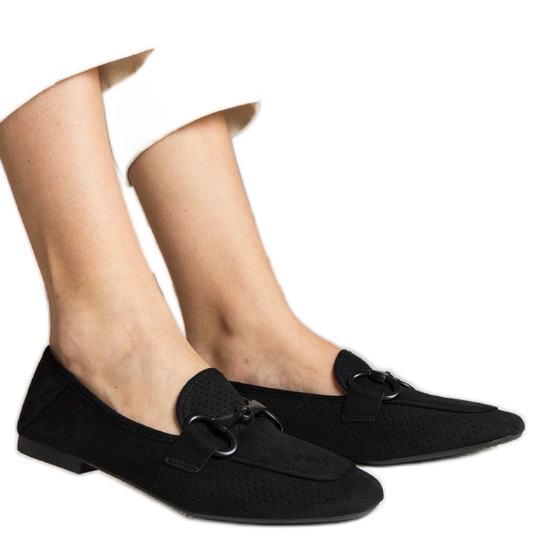 Black women's openwork loafers with an ornament Black women's openwork loafers with an ornament
