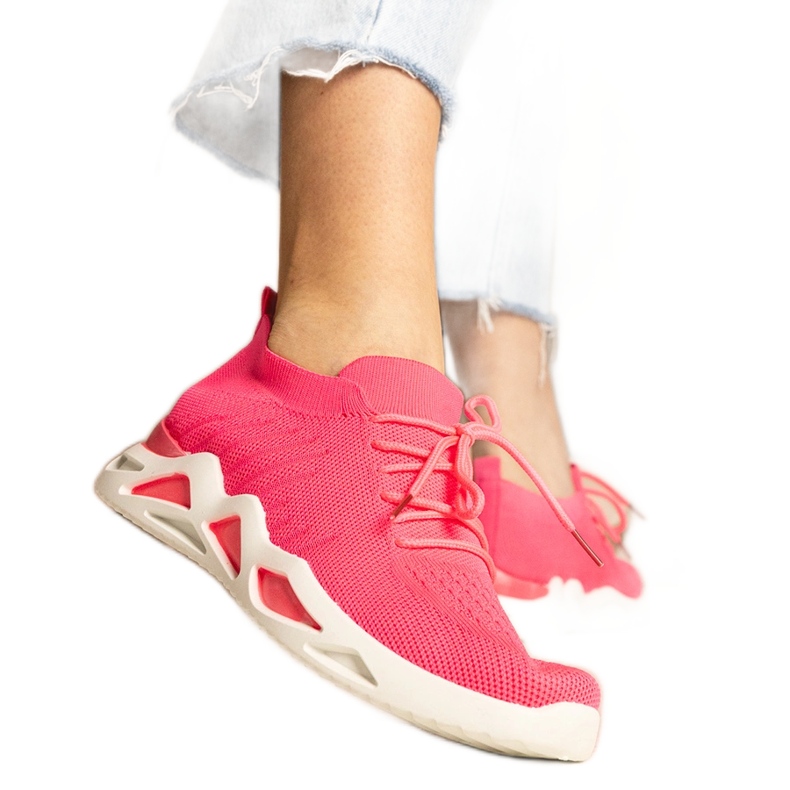 Pink women's sneakers with a socking upper