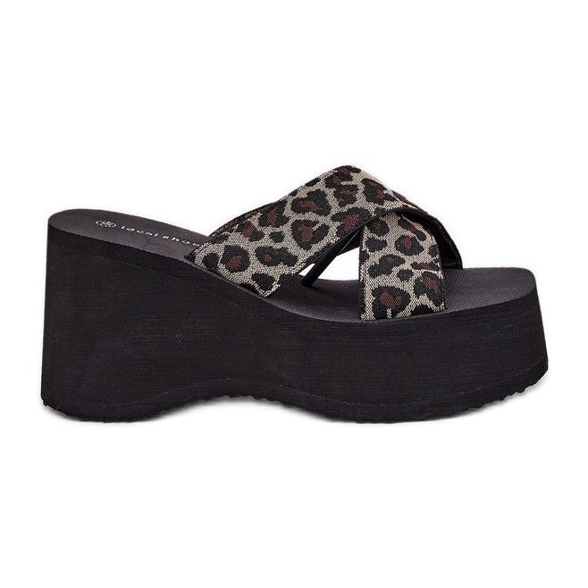 Women's flip flops on wedge and platform leopard print black beige
