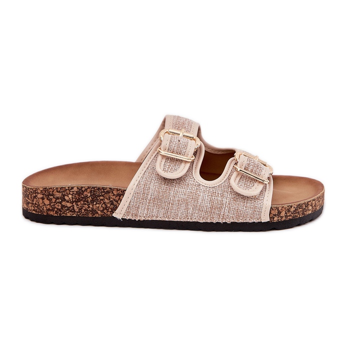 Women's material flip flops on a cork platform with beige buckles