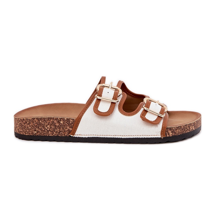 Women's material flip flops on a cork platform with white buckles