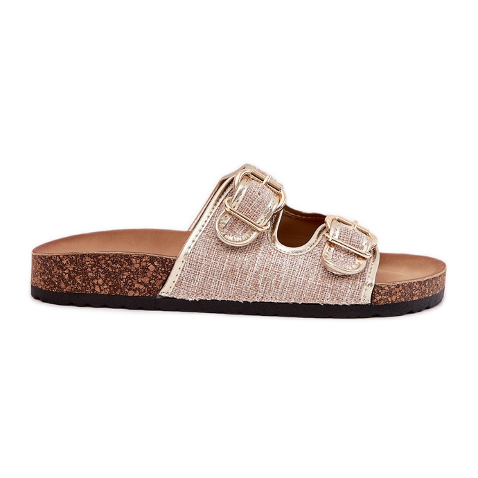 Women's material flip flops on a cork platform with golden buckles