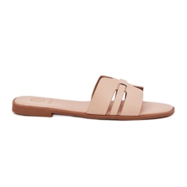 Flat -heeled women's flip flops with eco leather cutouts beige
