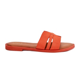 Flat -heeled women's flip flops with eco suede cutouts orange