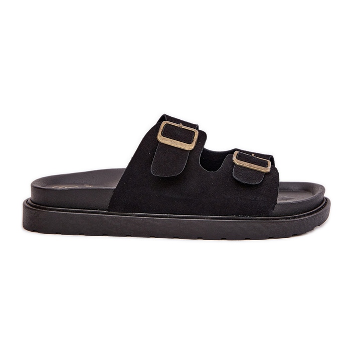 Women's flip flops on the platform with black buckles