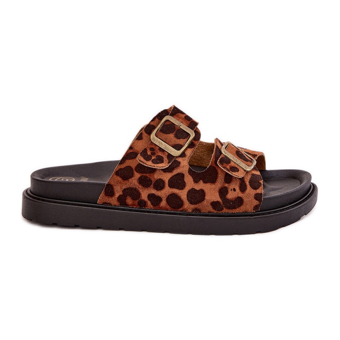 Women's slippers with leopard print on the platform with brown buckles