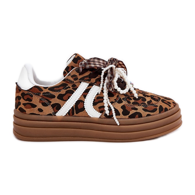 Women's sneakers with leopard print on the platform with brown decorations