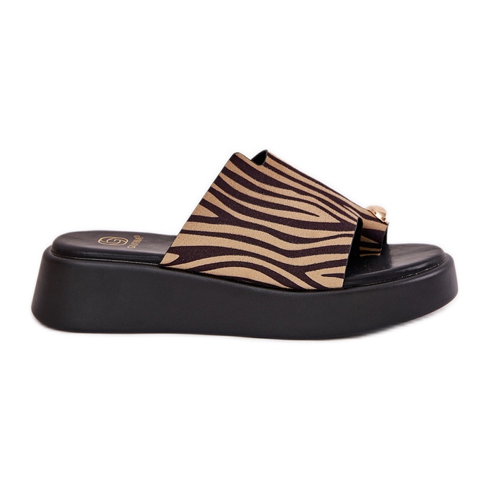 Women's flip flops on the platform and low wedges with a decorative detail of black and beige