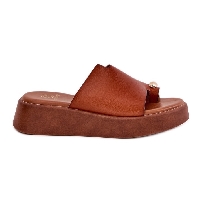 Women's flip flops on the platform and low wedge with a decorative Camel detail brown