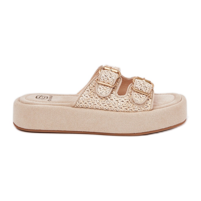Women's flip flops on the platform with buckles and beige braid