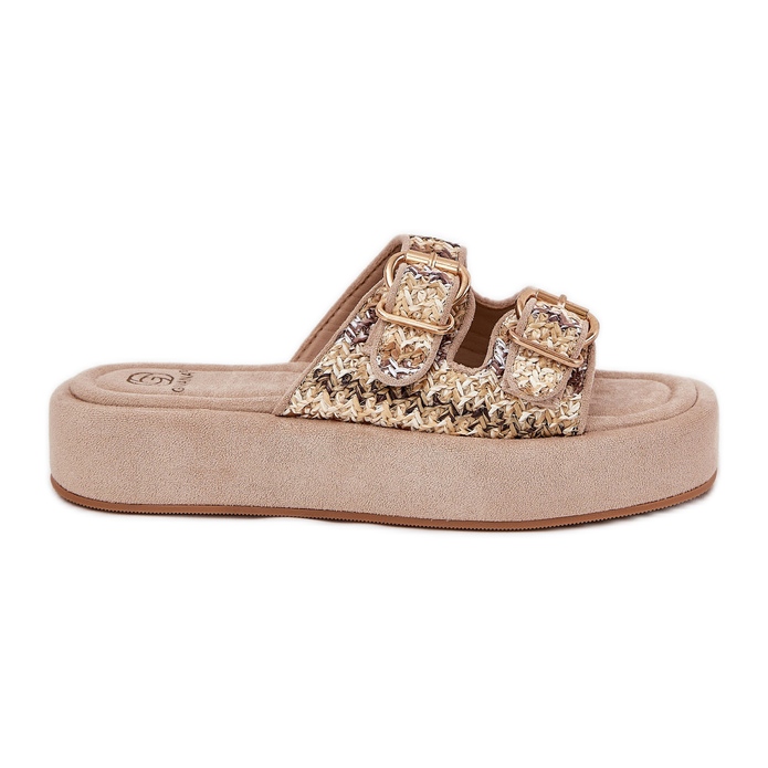 Women's slippers on the platform with buckles and khaki braid beige