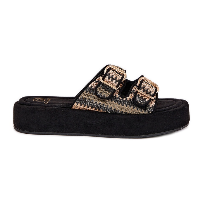 Women's flip flops on the platform with buckles and black braid