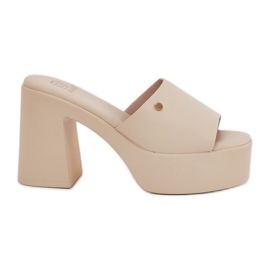 Women's eco leather slippers on the post and light beggar platform beige