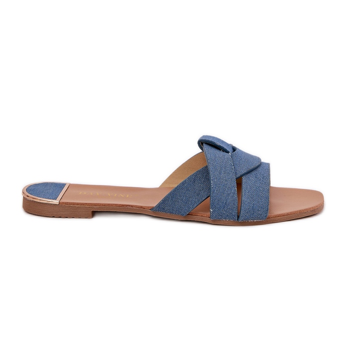 Flat women's flip flops with interwoven denim stripes blue