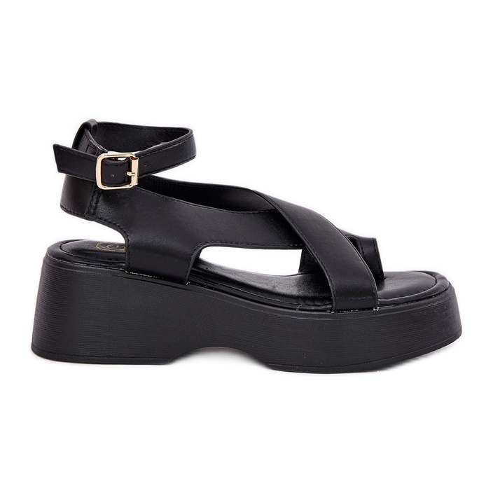 Women's sandals on platform and an wedge eco leather black Women's sandals on platform and an wedge eco leather black