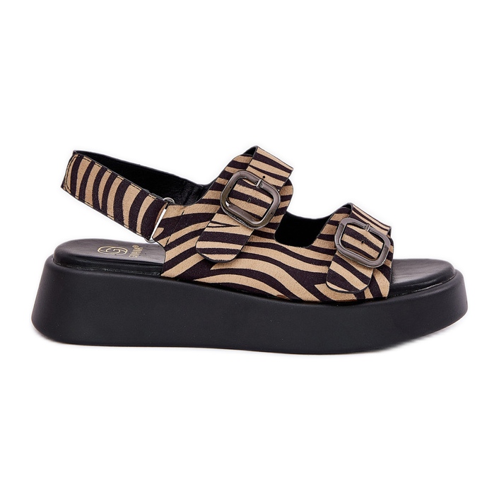 Women's sandals on the platform and wedges with buckles beige-black zebra