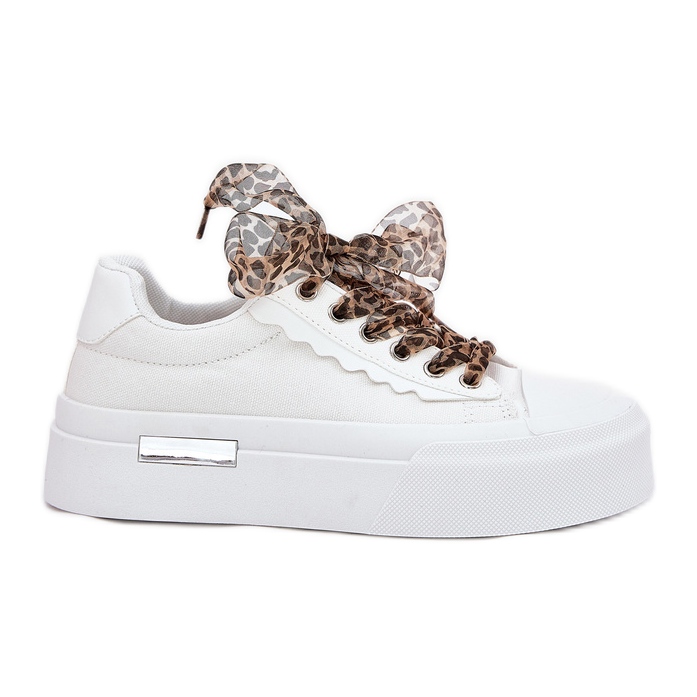 Women's sneakers on a massive platform with decorative lacing white Women's sneakers on a massive platform with decorative lacing white