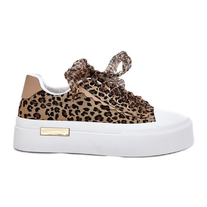 Women's sneakers on a massive platform with decorative lacing brown leopard