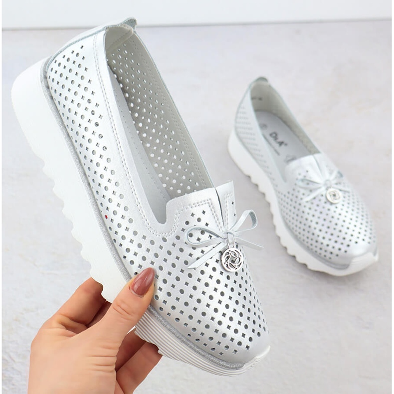 S. BARSKI Women's leather shoes openwork silver s.barski LR51-631