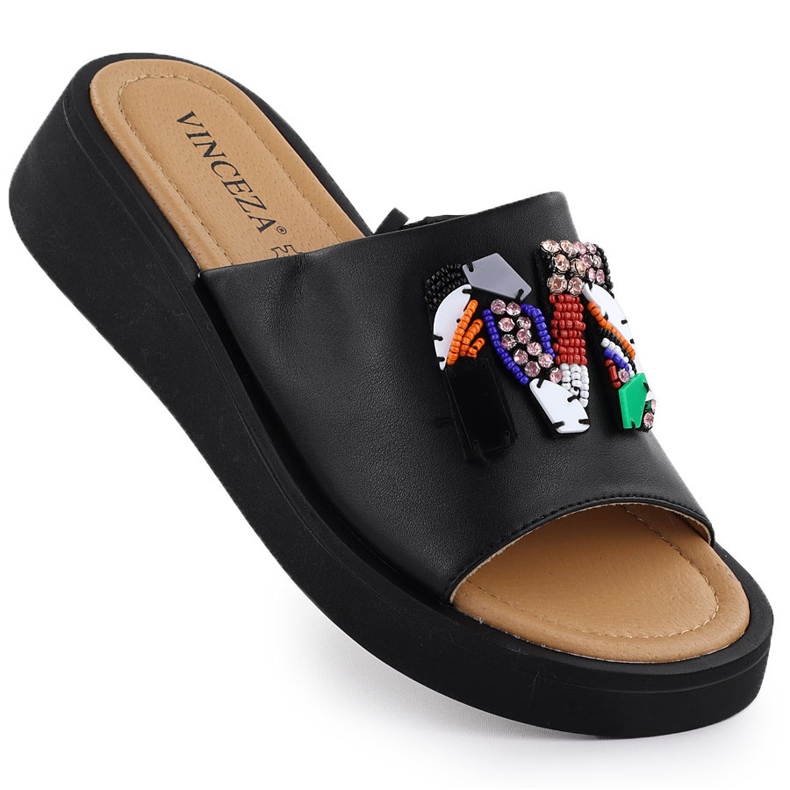 Women's leather flip flops with black vinceza 66623 beads
