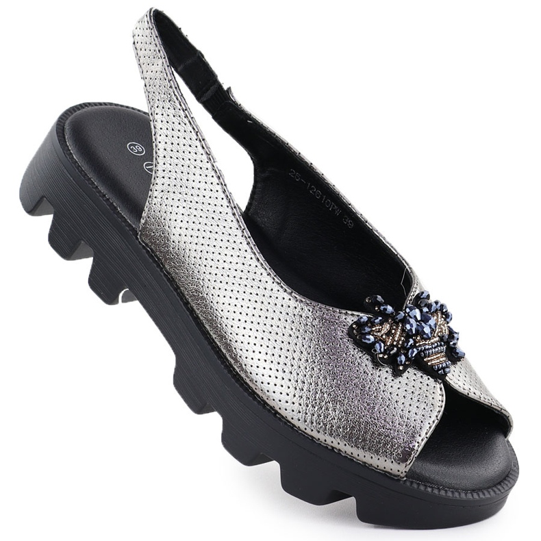 Women's sandals on platform perforated metallic silver Potocki Sz12610