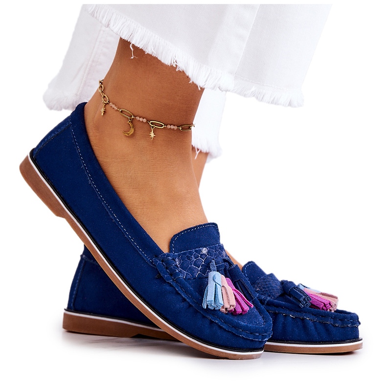Evento Women's Suede Loafers With Fringes Navy Blue Laressa Evento Women's Suede Loafers With Fringes Navy Blue Laressa