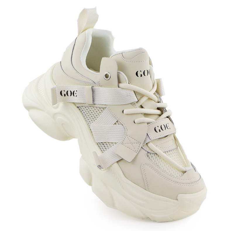 Leather sneakers on a thick sole women's beige goe rr2n4051
