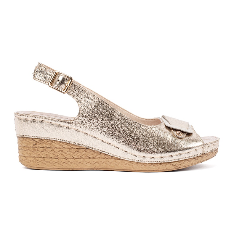 Goodin Gold sandals on a low wedge golden