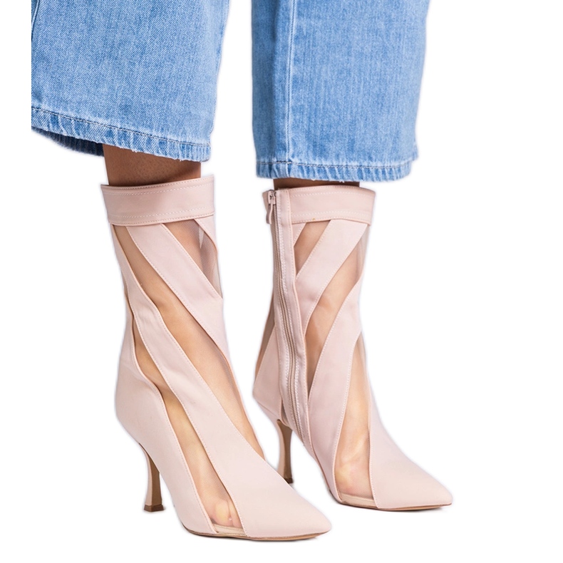 Beige satin boots with a mesh on a high heel
