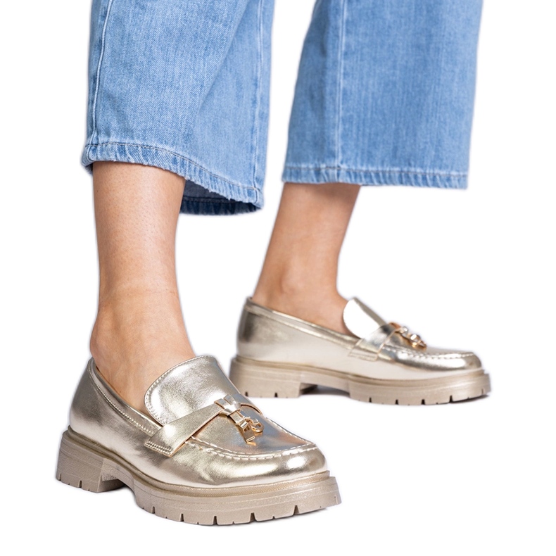 Golden elegant loafers with eco -leather with decoration