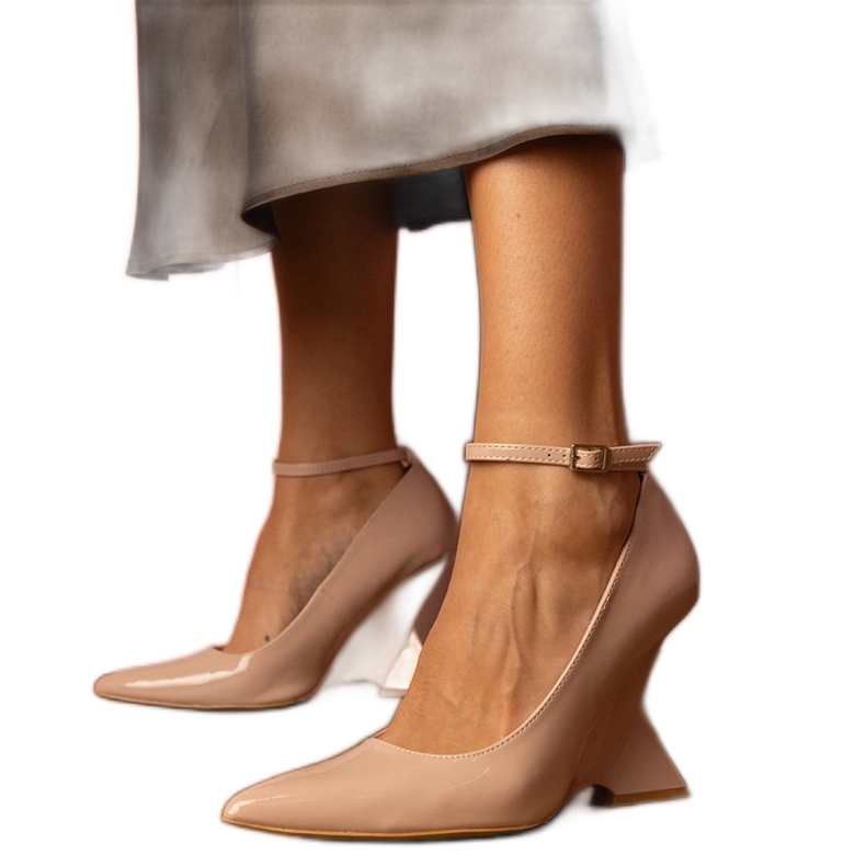 Beige patent leather wedge pumps