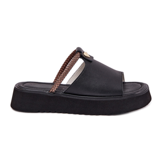 S.Barski Women's leather slippers on the platform with a decorative belt D&amp;A MK51-475 black
