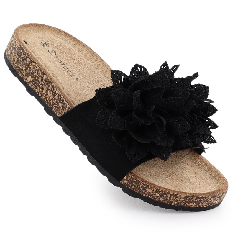 Women's slippers with flowers black Potocki GN17301