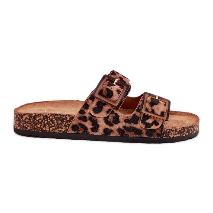 Women's flip flops with clamps on the cork sole brown leopard print