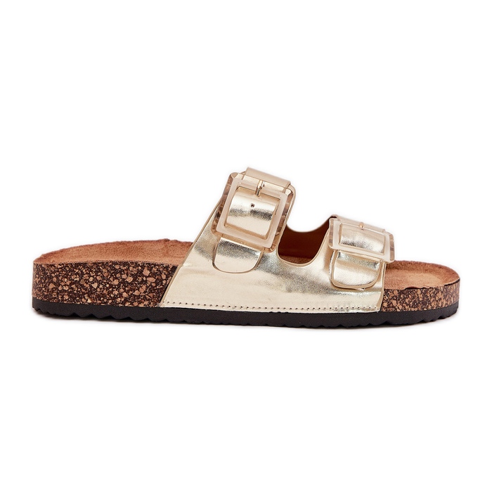 Women's flip flops with clamps on a cork sole golden sole
