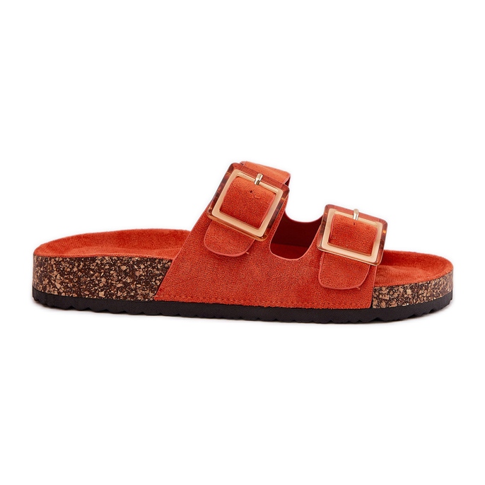 Women's flip flops with clamps on a cork orange sole