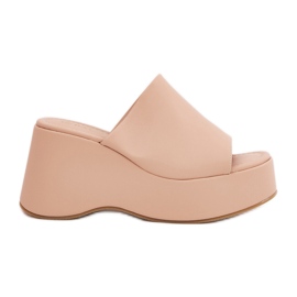Eco leather women's slippers on the platform and beige wedges