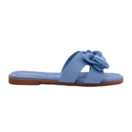 Flat women's flip flops with a blue bow