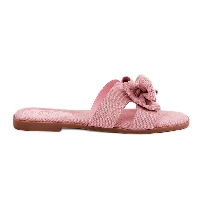 Flat women's flip flops with a pink bow
