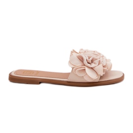 Flat -heeled women's flip flops with decorative flowers beige
