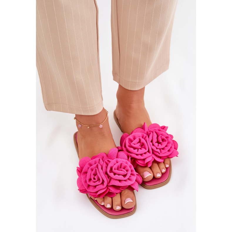 Flat -heeled women's flip flops with decorative fuchsia flowers pink Flat -heeled women's flip flops with decorative fuchsia flowers pink