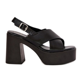 Women's sandals on the post and platform with eco leather black